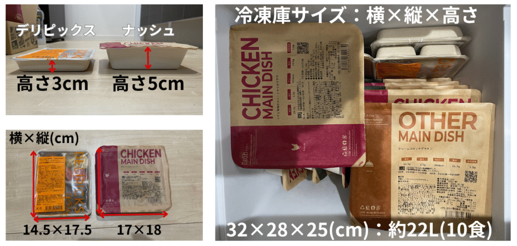 ナッシュの宅食サイズと冷凍庫収納の様子
